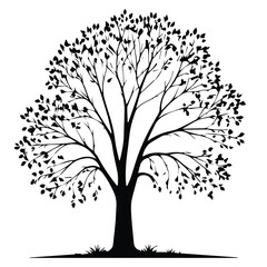 Black and white silhouette of a tree with detailed leaves and branches against a plain white background.
