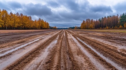 Muddy tracks through autumn field