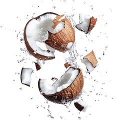 Coconuts are scattered on a white background