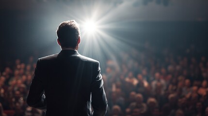 Business speaker presenting on stage, conveying leadership and vision with dynamic presence