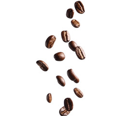 Coffee beans are poured on a white background
