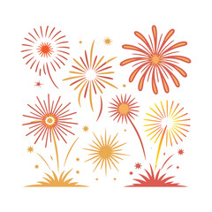 Collection of abstract stylized fireworks and starbursts in warm colors