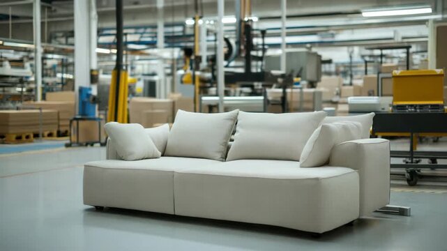 Modern beige sofa with cushions in spacious industrial warehouse featuring furniture production, storage environment, and interior design with machinery and boxes for modern living space