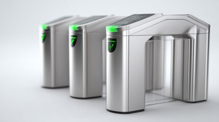 Three modern access control turnstiles made of metal with green indicators for security and entry management.