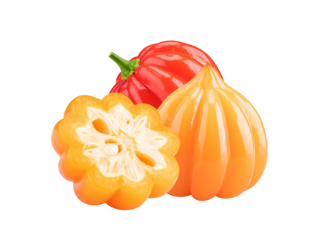 Colorful red and orange Brazilian Starfish peppers whole and sliced crosssection.