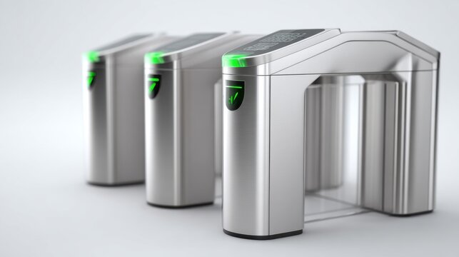 Three modern access control turnstiles made of metal with green indicators for security and entry management.