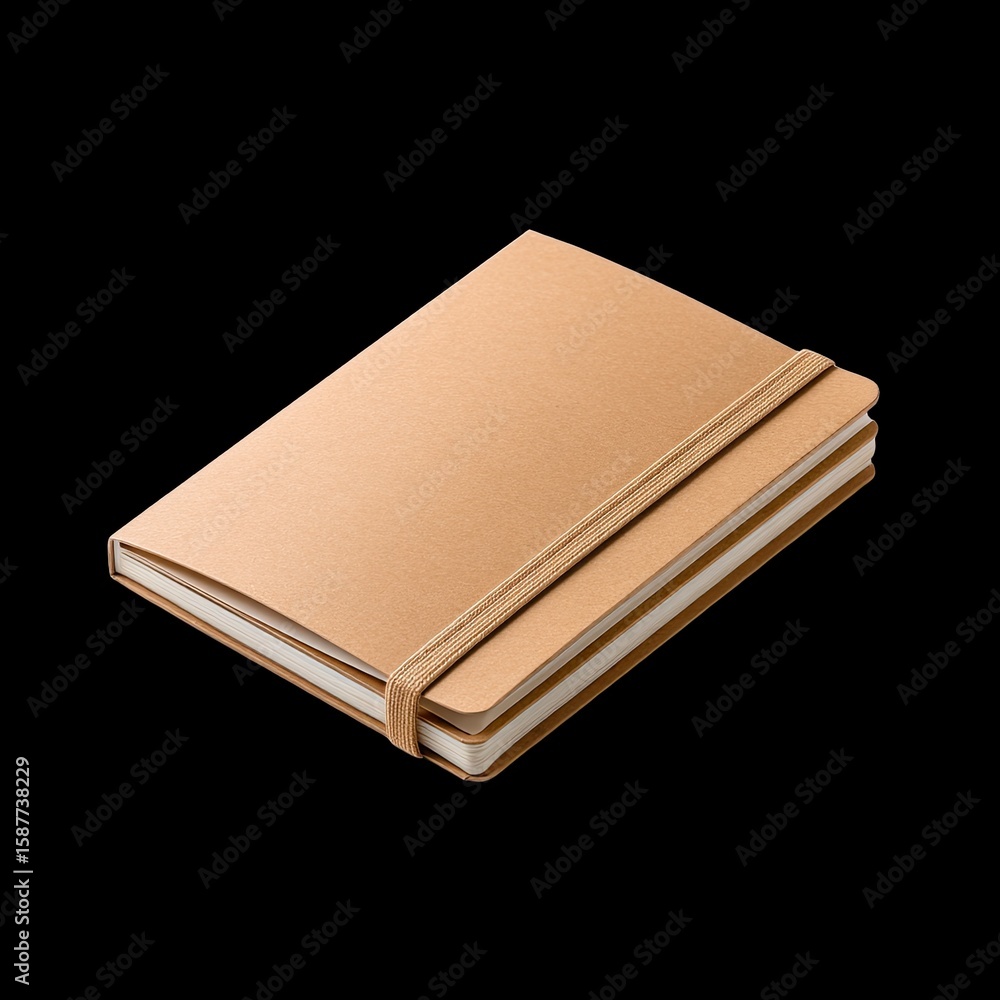 Poster brown kraft paper notebook with elastic strap isolated on a black background for stationary and offi