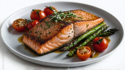 Pan-Seared Salmon with Roasted Asparagus and Cherry Tomatoes