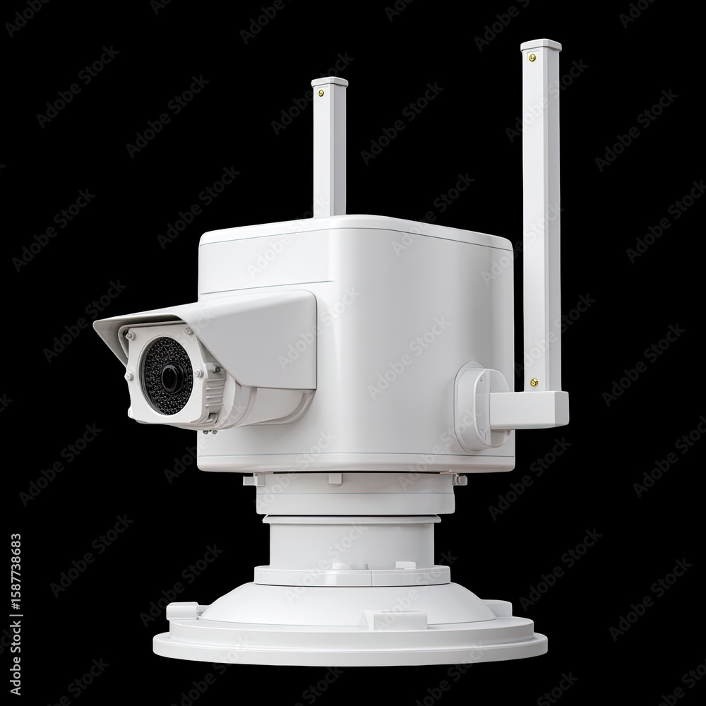 Poster modern white surveillance camera on a rotating base for security monitoring and protection in variou