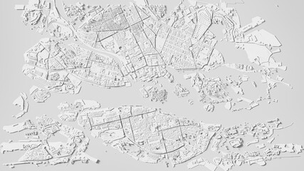 3D render map of Stockholm cityscape. 3D illustration of a top view of Stockholm, Sweden.