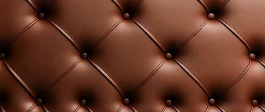 Tufted brown leather upholstery with button details creates luxurious and elegant texture, perfect for furniture and interior design projects featuring soft, smooth, shiny material and detailed
