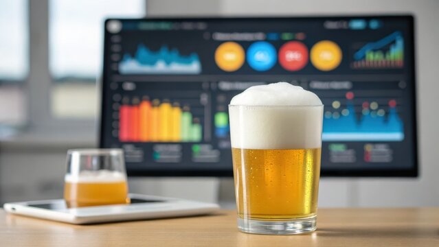 Frothy beer in glasses with digital analytics display in the background.