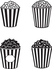 Four retro popcorn buckets with black and white stripes silhouette