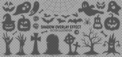 Transparent shadows for decoration Halloween. Vector zombie hand, tombstone, crosses, pumpkins, ghosts, spider web, bat, scary trees, bones isolated on checkered background. Set of Halloween symbols.