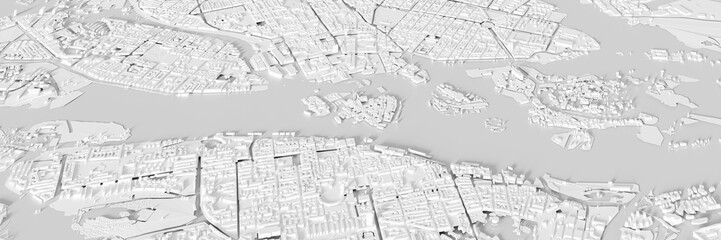 3D render map of Stockholm cityscape. 3D illustration of an aerial view of Stockholm, Sweden.