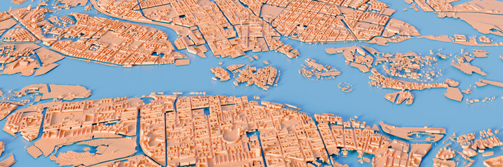 3D render color map of Stockholm cityscape. 3D illustration of an aerial view of Stockholm, Sweden.