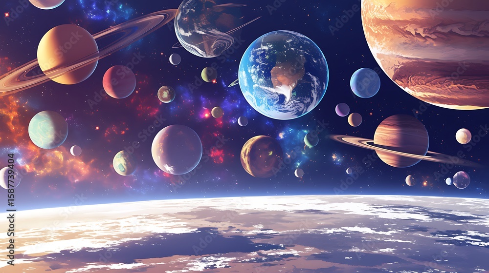 Poster many planets of various colors and types are stacked on top of each other.