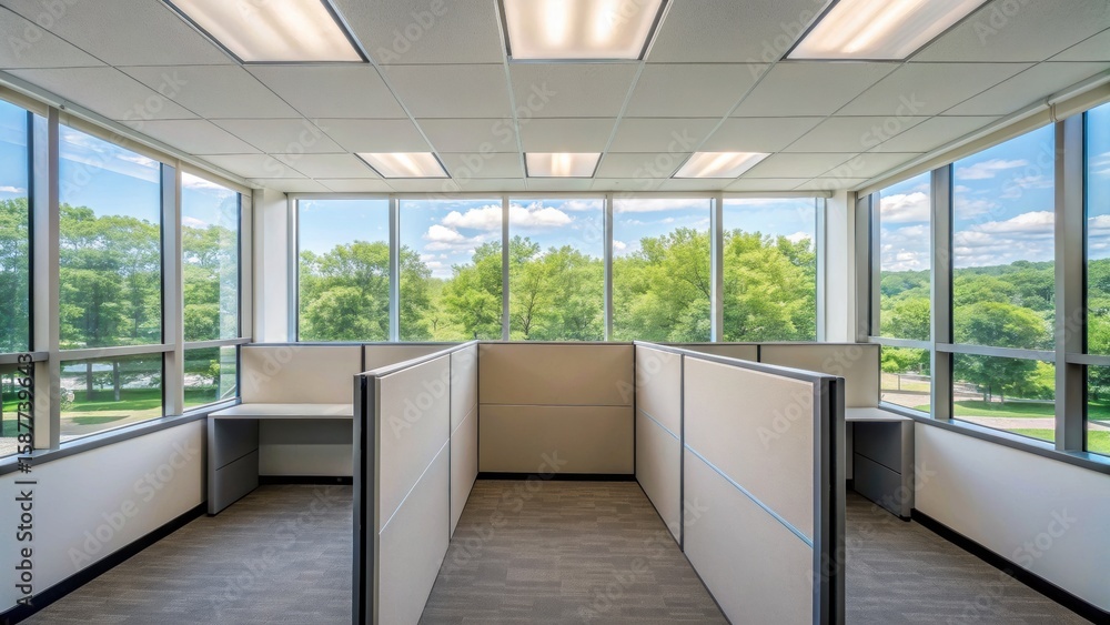 Poster bright office space featuring cubicles and large windows with a view of greenery outside.