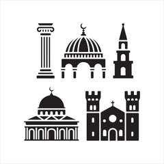 Collection of silhouette icons representing different architectural styles and religions