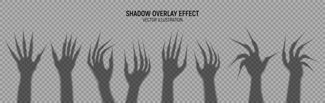 Set of Halloween scary hands. Collection of transparent shadows of witches hands with long nails for Halloween decoration. Vector illustration of scary monster hands isolated on checkered background.