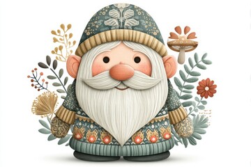 Smiling Gnome in Teal Sweater Amidst Autumnal Floral Arrangement