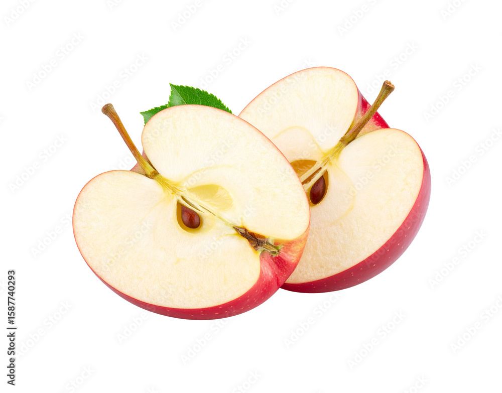 Poster crisp red apple sliced into two halves with visible core seeds and stem with a green leaf.