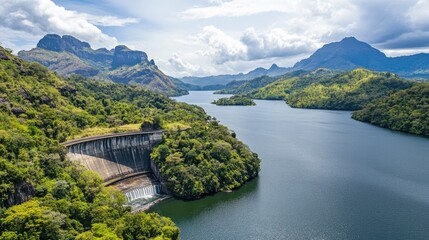 Fototapeta premium the view of the dam is decorated with clouds