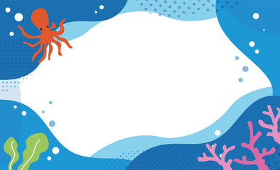 タコとサンゴの海中フレームイラスト背景素材