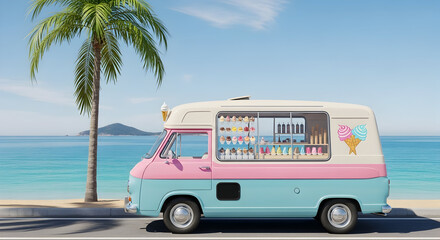 Vintage Pink and Blue Ice Cream Truck Parked by a Sunny Beach on a Summer Day