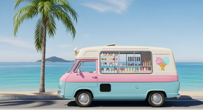 Vintage Pink and Blue Ice Cream Truck Parked by a Sunny Beach on a Summer Day - Powered by Adobe