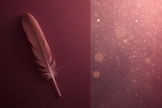 Wall art with ombre wine-mauve paper and feather under soft bokeh glow, AI-generated
