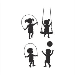 Children s silhouettes enjoying outdoor activities like jumping rope swinging and playing ball