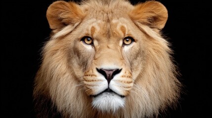 Fototapeta premium Close-up portrait of a majestic lion with a golden mane against a black background, showcasing its intense gaze and regal presence.