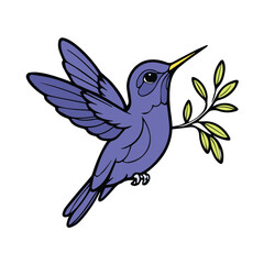 Obraz premium Purple hummingbird in flight holding a sprig of leaves. Colorful, stylized illustration of a hummingbird in flight, holding a sprig of leaves, for nature themed design.