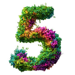 Colorful bush trimmed in the shape of number 5 isolated on transparent background