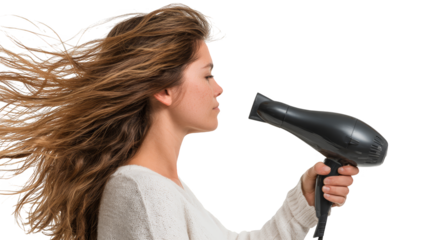 Woman tames her flowing hair with a powerful blower, dynamic display of beauty and styling