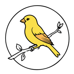 Obraz premium Yellow canary perched on branch in circle graphic design. Simplified illustration of a canary in profile view with a branch.