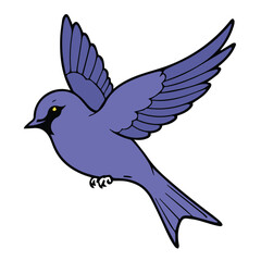 Obraz premium Purple bird in flight against a plain white background. A stylized, graphic representation of a bird in mid-air, showcasing detailed wing and tail feathers.