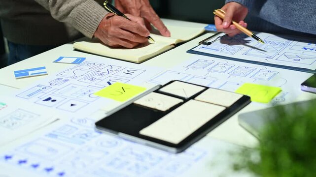 UX graphic designer planning application process development prototype wireframe for web smart phone.