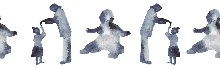 Watercolor border with silhouettes of a baby and family.Brush strokes in the form of blue silhouettes of bear.Silhouette of toy on white background