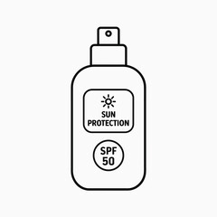 Sunscreen spray bottle with SPF 50 for sun protection in simple line art