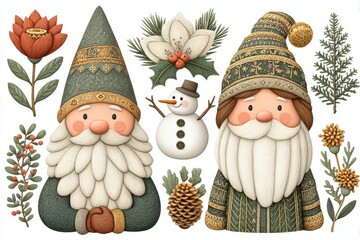 Two Smiling Gnomes with Snowman Winter Holiday Illustration