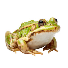 A detailed studio portrait of a green frog with brown markings on a black background