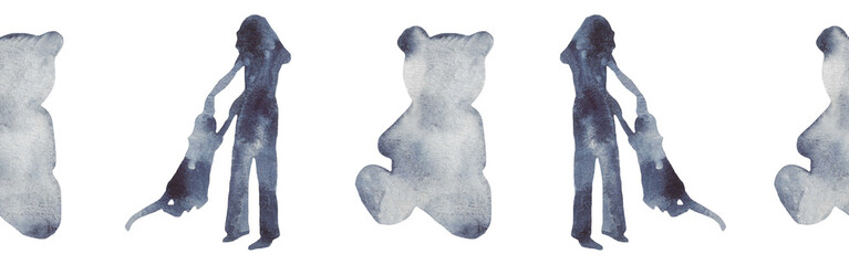 Watercolor border with silhouettes of a baby and family.Brush strokes in the form of blue silhouettes of bear.Silhouette of toy on white background