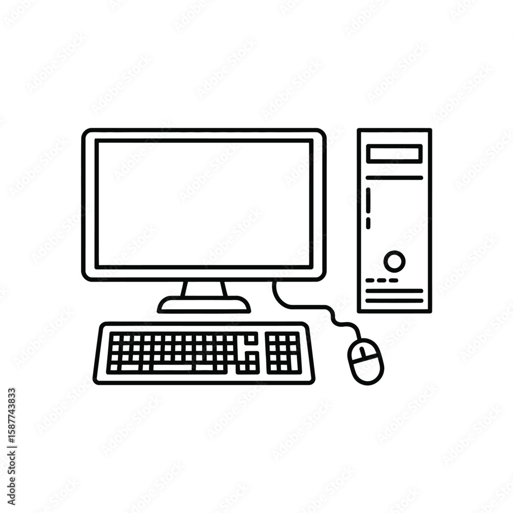Fototapete Desktop Computer Line Art Illustration with Monitor Keyboard Mouse and Tower