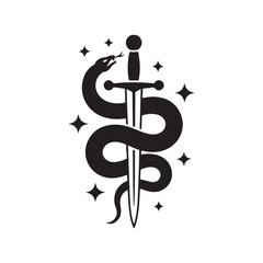 Stylized black snake wrapped around a sword with sparkling stars