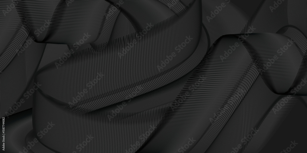 Poster a grid-like pattern adding complexity., the dark background enhances the bold, wave-like patterns in