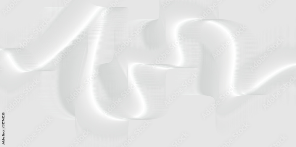Poster showcases an abstract design with intricate, wave-like patterns in shades of white and light gray, f