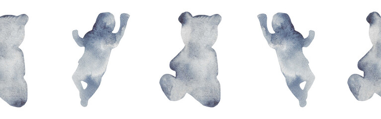 Watercolor border with silhouettes of a baby .Brush strokes in the form of blue silhouettes of bear.Silhouette of toy on white background