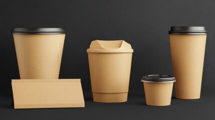 Set of brown disposable coffee cups with black lids on dark background